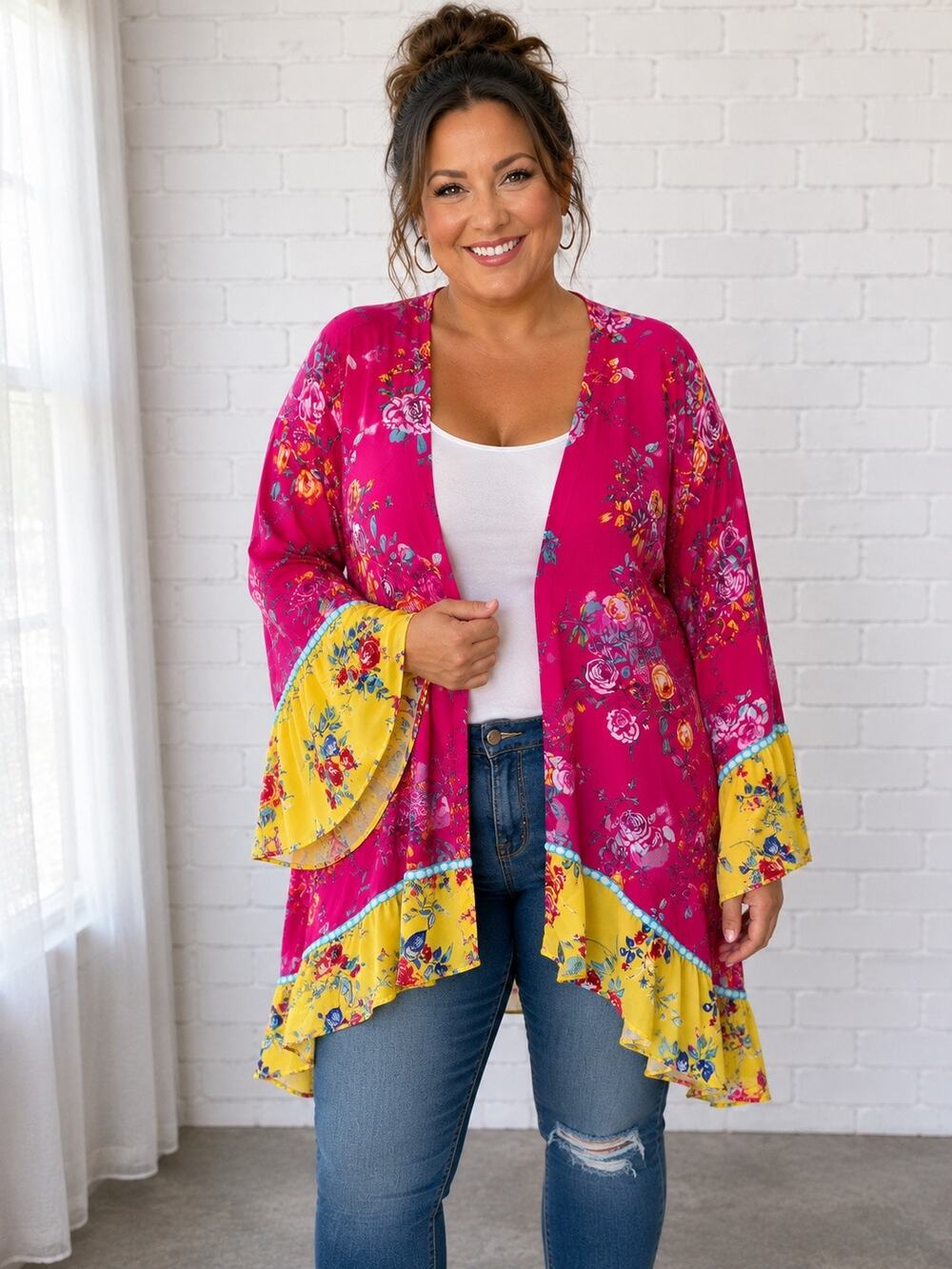 The Pioneer Woman Floral Kimono Cardigan Pink Yellow Open Front XXL 2X 3X Boho